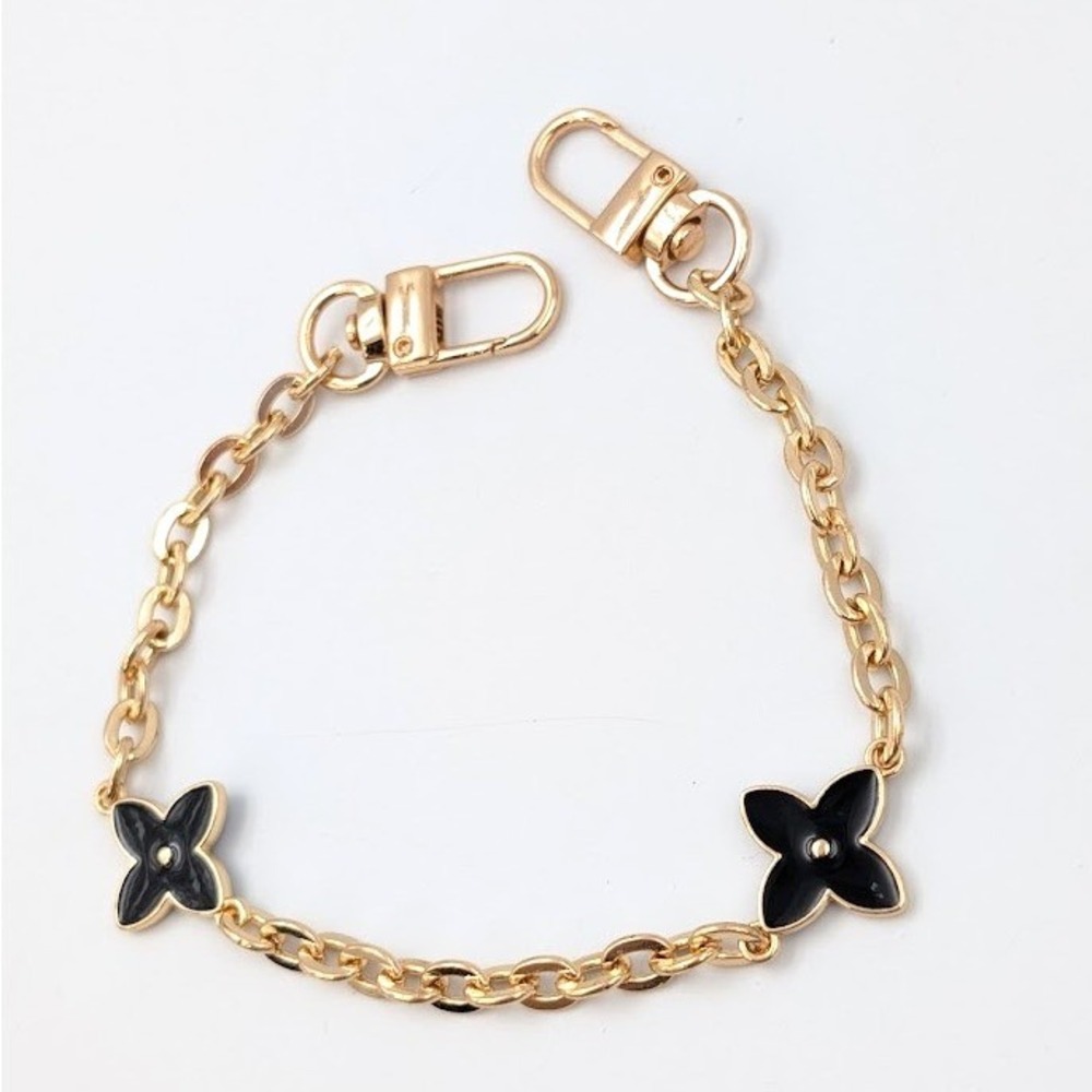 Purse Strap Extender Wallet Chain Gold‎ Tone Black Enamel Clover Pointed Flower